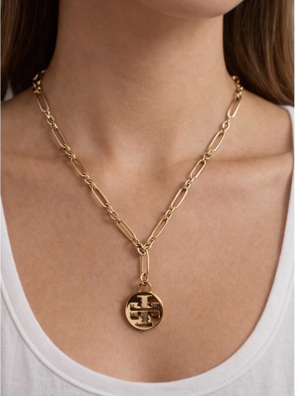 Tory Burch Gold-Link Logo Pendant Necklace
